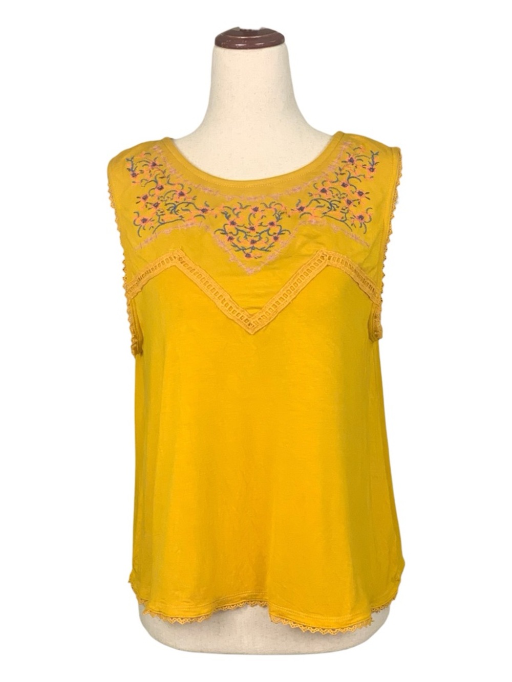 Always Indigo Floral Embroidered Mustard Yellow Sleeveless Boho Top Medium